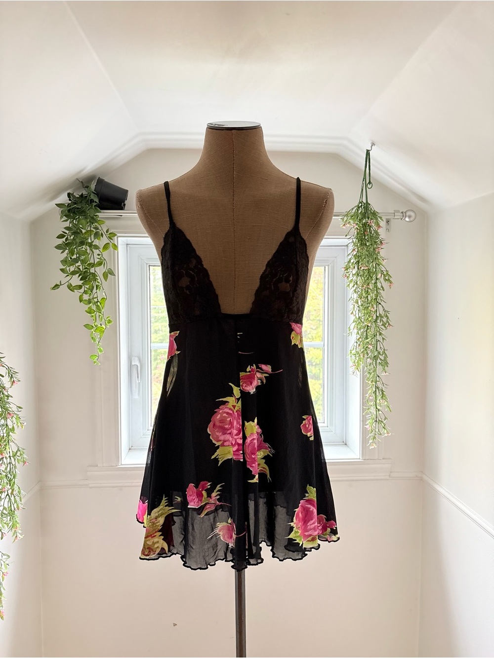 Black Floral Lace Trim Babydoll Chemise - Women Intimates